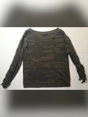 Sanctuary Camden Ruched-Sleeve Sweatshirt Long Sleeve Green Camo Size Small GUC